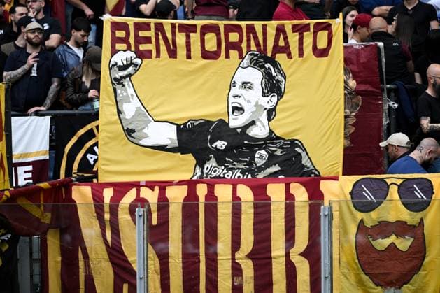 Roma fans show a banner dedicated to Edoardo Bove of ACF Fiorentina during the Serie A football match between AS Roma and ACF Fiorentina at Olimpico stadium in Rome (Italy), May 4, 2025. andreaxstaccioli