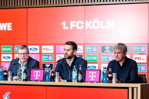1 FC Köln Press Conference Presentation Friedhelm Funkel 05 05 2025 Dr Werner Wolf President 1 FC Köln , Thomas Kessler Sports Director 1 FC Köln and Friedhelm Funkel Head Coach 1 FC Köln Press Conference 1 FC Köln Presentation Friedhelm Funkel as new Head Coach Geissbockheim, 05 05 2025 Copyright: xBEAUTIFULxSPORTS Wunderlx