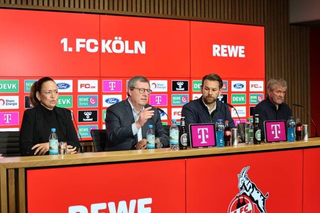 GER, 2 FBL, PK 1 FC Koeln, short-term coach presentation 05 05 2025, Rheinenergie Stadion, Koeln, GER, 2 FBL, PK 1 FC Koeln, short-term coach presentation , in the picture from l Lil Zercher press spokeswoman, Dr Werner Wolf president 1 FC Koeln , Thomas Kessler temporary managing director 1 FC Koeln , Friedhelm Funkel new head coach until the end of the season, head coach 1 FC Koeln , nordphotoxGmbHx xMeuter nph00351