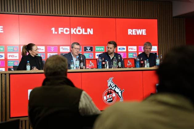 GER, 2 FBL, PK 1 FC Koeln, short-term coach presentation 05 05 2025, Rheinenergie Stadion, Koeln, GER, 2 FBL, PK 1 FC Koeln, short-term coach presentation , in the picture Lil Zercher press spokeswoman 1 FC Koeln , Dr Werner Wolf president 1 FC Koeln , Thomas Kessler temporary managing director 1 FC Koeln , Friedhelm Funkel new head coach until the end of the season, head coach 1 FC Koeln , nordphotoxGmbHx xMeuter nph00351