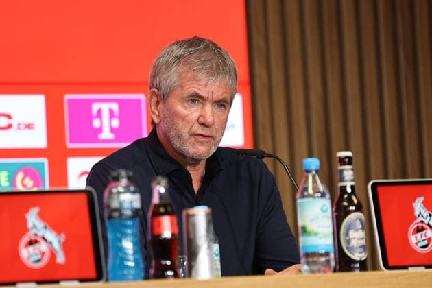GER, 2 FBL, PK 1 FC Koeln, short-term coach presentation 05 05 2025, Rheinenergie Stadion, Koeln, GER, 2 FBL, PK 1 FC Koeln, short-term coach presentation , in the picture after short-term dismissal of coach Gerhard Struber and managing director Keller Friedhelm Funkel is again appointed as coach for the last two games of the season nordphotoxGmbHx xMeuter nph00351