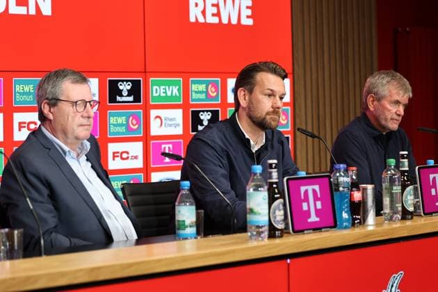 GER, 2 FBL, PK 1 FC Koeln, short-term coach presentation 05 05 2025, Rheinenergie Stadion, Koeln, GER, 2 FBL, PK 1 FC Koeln, short-term coach presentation , in the picture Dr Werner Wolf president 1 FC Koeln , Thomas Kessler temporary managing director 1 FC Koeln , Friedhelm Funkel new head coach until the end of the season, head coach 1 FC Koeln , nordphotoxGmbHx xMeuter nph00351