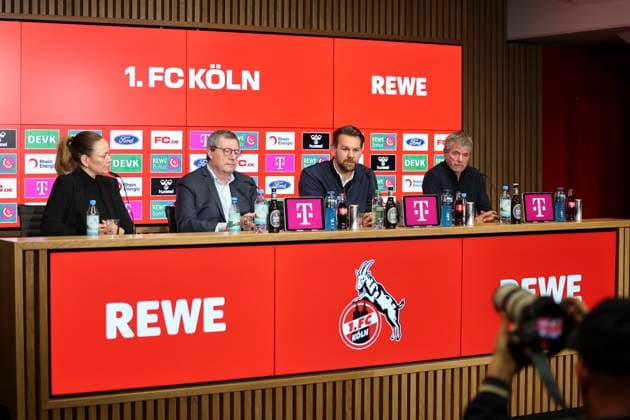 GER, 2 FBL, PK 1 FC Koeln, short-term coach presentation 05 05 2025, Rheinenergie Stadion, Koeln, GER, 2 FBL, PK 1 FC Koeln, short-term coach presentation , in the picture Lil Zercher press spokeswoman 1 FC Koeln , Dr Werner Wolf president 1 FC Koeln , Thomas Kessler temporary managing director 1 FC Koeln , Friedhelm Funkel new head coach until the end of the season, head coach 1 FC Koeln , nordphotoxGmbHx xMeuter nph00351