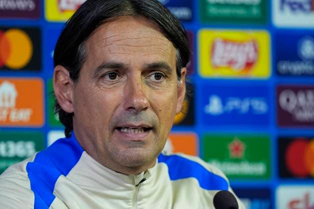 May 5, 2025, Milan, Milan, Italy: Simone Inzaghi, head coach of Inter, attends his press conference, PK, Pressekonferenz ahead of their UEFA Champions League 2024 25 semi final first second leg match against FC Barcelona, Barca at Giuseppe Meazza Stadium on May 05, 2025 in Milan, Italy. Milan Italy - ZUMAa181 20250505_zaa_a181_023 Copyright: xDennisxAgyemanx
