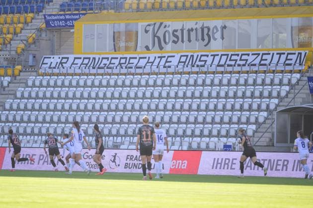 Soccer, Google Pixel Womens Bundesliga, 20250505, FC Carl Zeiss Jena FC Bayern Munich In the picture Banner Fans FCC FOR FAN-FRIENDLY KICK-OFF TIMES Jena Ernst Abbe Sportfeld Thüringen Germany Copyright: Passion2Press MarkusxFischerx