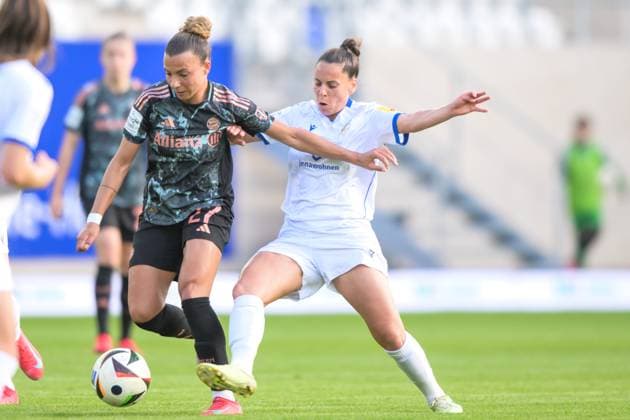 Soccer, Google Pixel Womens Bundesliga, 20250505, FC Carl Zeiss Jena FC Bayern Munich Pictured from left Arianna CARUSO Bayern, 27 , Noemi GENTILE Jena, 25 duel ball Jena Ernst Abbe Sportfeld Thüringen Germany Copyright: Passion2Press MarkusxFischerx