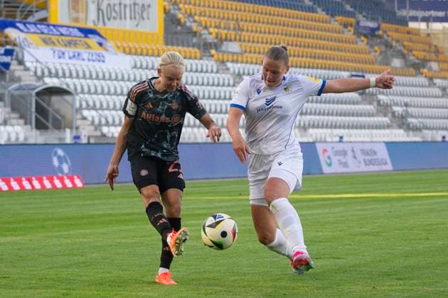 GER, Jena, Fußball, Google Pixel Frauen Bundesliga, 21 Spieltag, FC Carl Zeiss Jena vs FC Bayern Muenchen im Bild v l Pernille Harder FC Bayern 21 , Toma Ihlenburg FC Carl Zeiss Jena 03 , Zweikampf 05 05 2025, Ernst Abbe Sportfeld Jena DFL DFB REGULATIONS PROHIBIT ANY USE OF PHOTOGRAPHS AS IMAGE SEQUENCES AND OR QUASI VIDEO, Copyright: HMBxMedia PaulxFritz