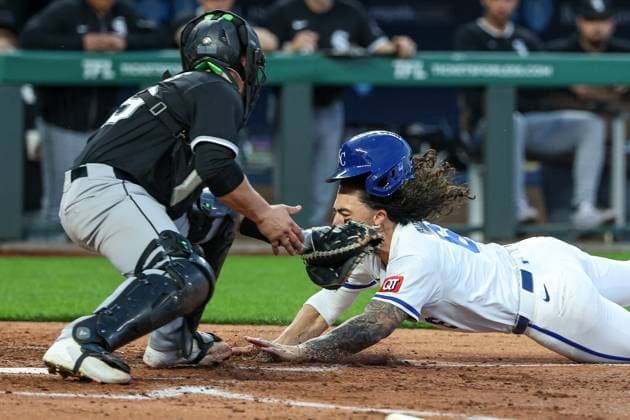 MLB, Baseball Herren, USA 2025: White Sox Vs Royals MAY 05 May 5, 2025: Chicago White Sox first baseman Andrew Vaughn (25) makes the tag on Kansas City Royals left fielder Jonathan India (6) for the out at home during the fifth inning at Kauffman Stadium in Kansas City, MO. David Smith CSM (Credit Image: Â David Smith Cal Media) Kansas City Mo United States of America EDITORIAL USE ONLY Copyright: xx ZUMA-20250505_zma_c04_026.jpg DavidxSmithx csmphotothree381227