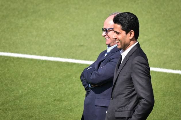 Fußball, CL, Paris St. Germain Training PSG Training before facing Arsenal - FA President of Paris Saint-Germain Nasser Al-Khelaifi attends with Luis Campos Paris Saint-Germain’s players’ warming up during a training session at the PSG Campus on May 6, 2025, before the UEFA Champions League football match between Paris Saint-Germain and Arsenal FC at the Parc des Princes Stadium in Paris on May 7, 2025. Photo by Firas Abdullah ABACAPRESS.COM Paris Ile-de-France France  Copyright: xAbdullahxFiras ABACAx