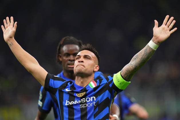 Inter Milan™s Lautaro Martinez celebrates after scoring 1-0 during the Uefa Champions League soccer match between Inter and Barcelona at San Siro Stadium in Milan , North Italy - Tuesday May 06, 2025 . - Soccer  Copyright: xSpada LaPressex