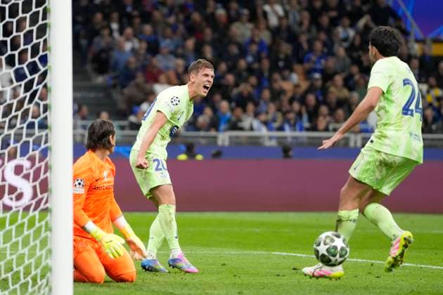 FC Internazionale Milano v FC Barcelona, Barca - UEFA Champions League 2024 25 Semi Final Second Leg Dani Olmo attacking midfield of Barcelona and Spain celebrates after scoring his sides first goal during the UEFA Champions League 2024 25 Semi Final Second Leg match between FC Internazionale Milano and FC Barcelona at Giuseppe Meazza Stadium on May 6, 2025 in Milan, Italy. Milan Italy  Copyright: xJosexBretonx originalFilename:bretonhernandez-fcintern250506_npcDx.jpg