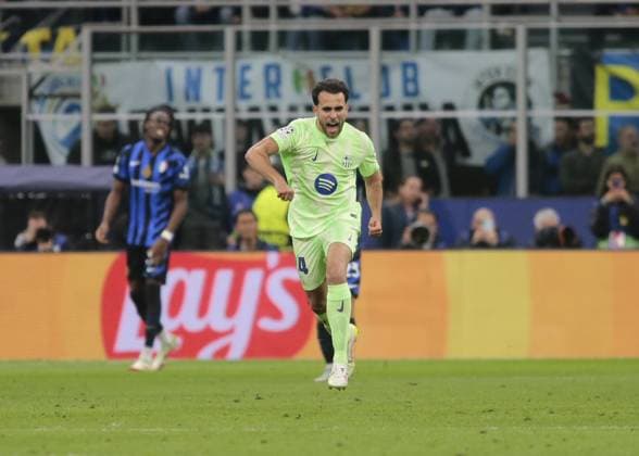 Eric Garcia of FC Barcelona, Barca celebrating after scoring a goal during the Uefa Champions League 2024 45, semi-final second leg, football match between FC Inter and FC Barcelona on 06 Maj 2025 at San Siro Stadium, Milan, Italy. Photo Nderim Kaceli  Copyright: xNderimxKaceli IPAxSportx xipa-agency.netx xx IPA_57346844 IPA_Agency_IPA57346844