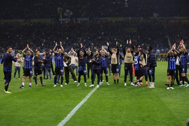 Players of Fc Internazionale celebrate after winning, UEFA Champions League 2024 25 Semi Final Second Leg, FC Internazionale Milano v FC Barcelona, Barca Stadio Giuseppe Meazza (San Siro), May 6, 2025, Milan, Italy.