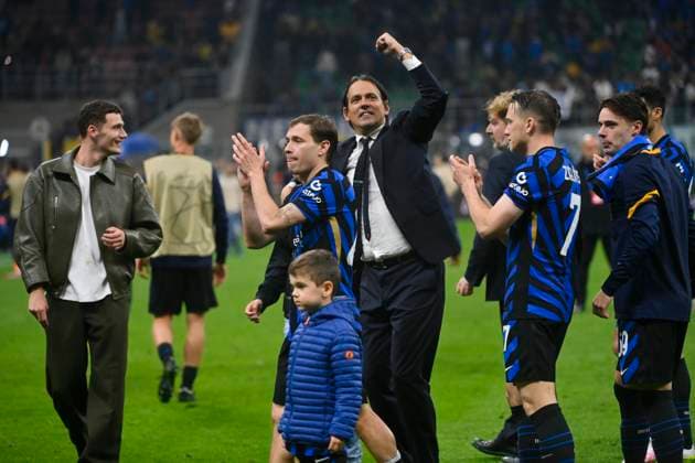 6th May 2025; Giuseppe Meazza, Milan, Italy; Simone Inzaghi Head Coach of FC Internazionale celebrates a victory for 4-3 against FC Barcelona, Barca during the UEFA Champions League 2024 25 Semi Final Second Leg match  ActionPlus12783470 StefanoxGuidi