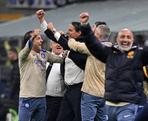 (250507) -- MILAN, May 7, 2025 -- Inter Milan s head coach Simone Inzaghi (C) celebrates at the end of the UEFA Champions League semifinal second leg match between Inter Milan and Barcelona in Milan, Italy, May 6, 2025. (Photo by Xinhua) (SP)ITALY-MILAN-FOOTBALL-UEFA CHAMPIONS LEAGUE-INTER MILAN VS BARCELONA AlbertoxLingria 