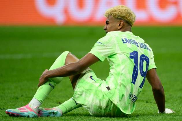 Lamine Yamal of Barcelona reacts during the UEFA Champions League 2024 2025 semifinal between FC Internazionale and FC Barcelona, Barca at San Siro stadium in Milano (Italy), May 6, 2025. AndreaxStaccioli