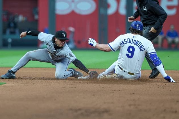 May 6, 2025: Chicago White Sox second baseman Josh Rojas (5) tags out Kansas City Royals first baseman Vinnie Pasquantino (9) at second base during the fourth inning at Kauffman Stadium in Kansas City, MO. CSM Kansas City United States of America - ZUMAc04_ 20250506_zma_c04_017 Copyright: xDavidxSmithx
