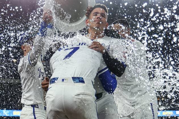 May 6, 2025, Kansas City, Missouri, USA: Kansas City Royals shortstop BOBBY WITT JR. (7) and Kansas City Royals catcher FREDDY FERMIN (34) are doused by Kansas City Royals right fielder CAVAN BIGGIO (18) and Kansas City Royals designated hitter SALVADOR PEREZ (13) celebrating their 4-3 walk off win over the Chicago White Sox at Kauffman Stadium. Kansas City USA - ZUMAc04_ 20250506_zma_c04_031 Copyright: xDavidxSmithx