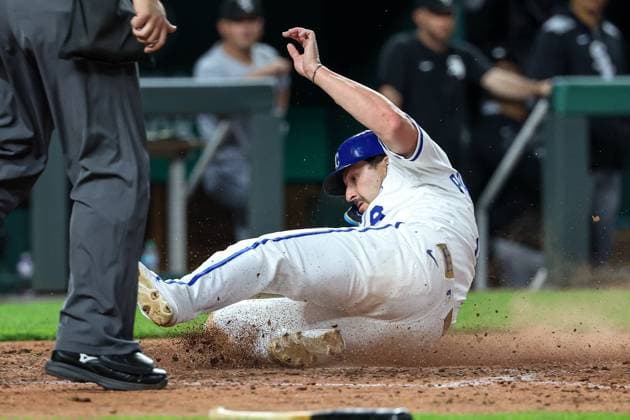 May 6, 2025: Kansas City Royals first baseman Vinnie Pasquantino (9) slides into home plate safe to score on an RBI double by Kansas City Royals designated hitter Salvador Perez (13) during the eighth inning at Kauffman Stadium in Kansas City, MO. CSM Kansas City United States of America - ZUMAc04_ 20250506_zma_c04_037 Copyright: xDavidxSmithx
