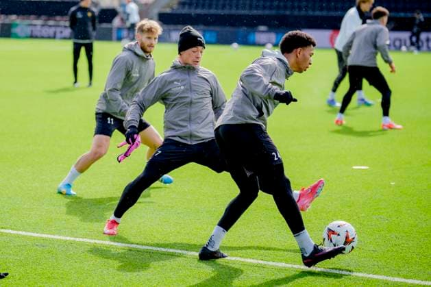 Training for the European League semi-final Bodo 20250507 Patrick Berg and Daniel Bassi at Bodo Glimts training session on the day of the European League semi-final against Tottenham at Aspmyra Stadium Photo Stian Lysberg Solum NTB Bodo Norge EDITORIAL USE ONLY RESTRICTED USE FOR BETTING COMPANIES  Copyright: xx