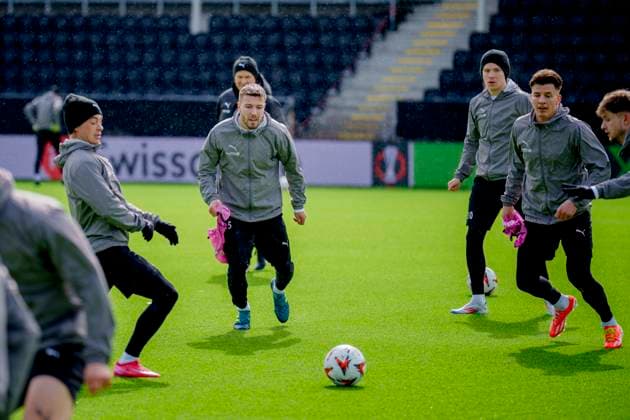 Training for the European League semi-final Bodo 20250507 Patrick Berg, Fredrik Bjorkan, Jens Petter Hauge and Jostein Gundersen at Bodo Glimts training session on the day of the European League semi-final against Tottenham at Aspmyra Stadium Photo Stian Lysberg Solum NTB Bodo Norge EDITORIAL USE ONLY RESTRICTED USE FOR BETTING COMPANIES  Copyright: xStianxLysbergxSolumx xNTBx