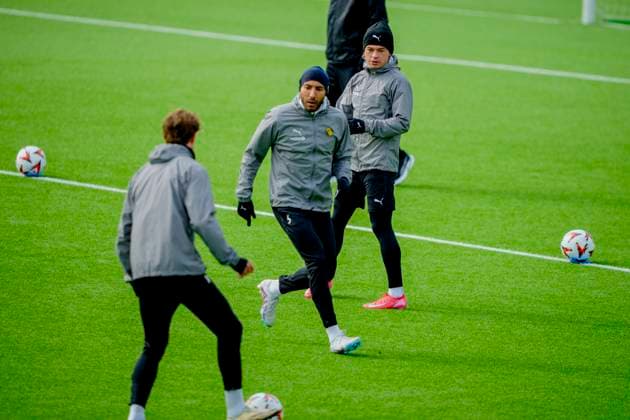 Training for the European League semi-final Bodo 20250507 Haitam Aleesami and Patrick Berg at Bodo Glimts training session on the day of the European League semi-final against Tottenham at Aspmyra Stadium Photo Stian Lysberg Solum NTB Bodo Norge EDITORIAL USE ONLY RESTRICTED USE FOR BETTING COMPANIES  Copyright: xx