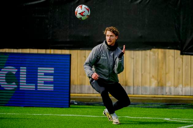 Training for the European League semi-final Bodo 20250507 Kasper Hogh at Bodo Glimts training session on the day of the European League semi-final against Tottenham at Aspmyra Stadium Photo Stian Lysberg Solum NTB Bodo Norge EDITORIAL USE ONLY RESTRICTED USE FOR BETTING COMPANIES  Copyright: xx