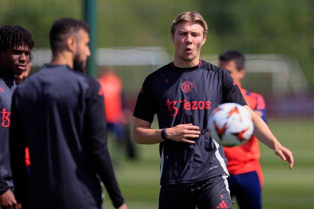 Manchester United, ManU 07 05 2025. Training Rasmus Hojlund (9) of Manchester United during the Europa League training session for Manchester United at Carrington, Manchester, United Kingdom on 7 May 2025. Manchester Carrington United Kingdom Editorial use only , Copyright: xConorxMolloyx PSI-22029-0007