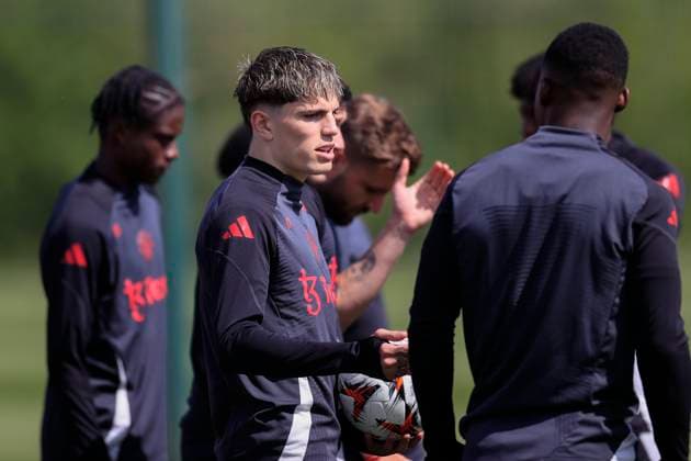 Manchester United, ManU 07 05 2025. Training Alejandro Garnacho (17) of Manchester United during the Europa League training session for Manchester United at Carrington, Manchester, United Kingdom on 7 May 2025. Manchester Carrington United Kingdom Editorial use only , Copyright: xConorxMolloyx PSI-22029-0017