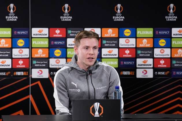 Press conference for the European League semi-final Bodo 20250507 Jens Petter Hauge at Bodo Glimts press conference on the day of the European League semi-final against Tottenham at Aspmyra Stadium Photo Stian Lysberg Solum NTB Bodo Norge EDITORIAL USE ONLY RESTRICTED USE FOR BETTING COMPANIES  Copyright: xStianxLysbergxSolumx xNTBx