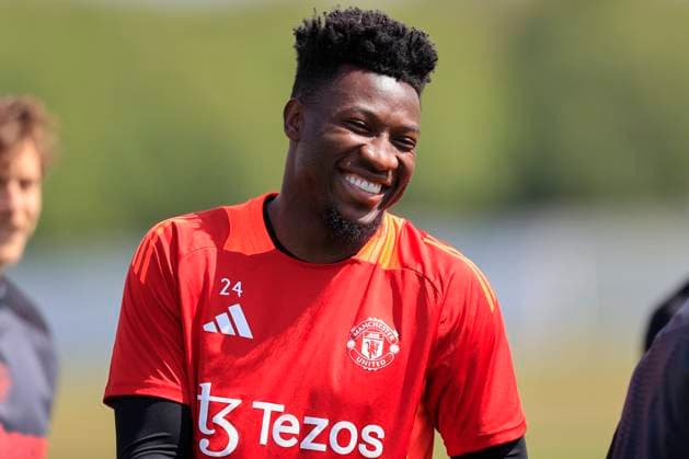 Manchester United, ManU 07 05 2025. Training Andre Onana (24) of Manchester United during the Europa League training session for Manchester United at Carrington, Manchester, United Kingdom on 7 May 2025. Manchester Carrington United Kingdom Editorial use only , Copyright: xConorxMolloyx PSI-22029-0044