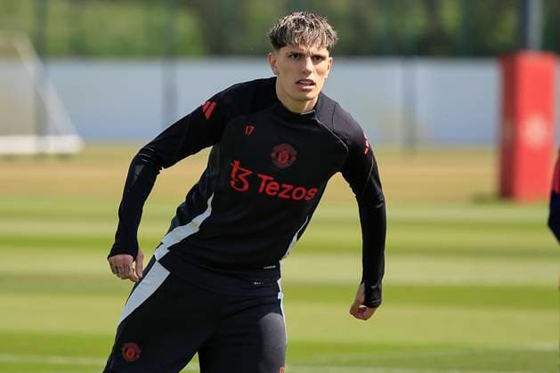 Manchester United, ManU 07 05 2025. Training Alejandro Garnacho (17) of Manchester United during the Europa League training session for Manchester United at Carrington, Manchester, United Kingdom on 7 May 2025. Manchester Carrington United Kingdom Editorial use only , Copyright: xConorxMolloyx PSI-22029-0046