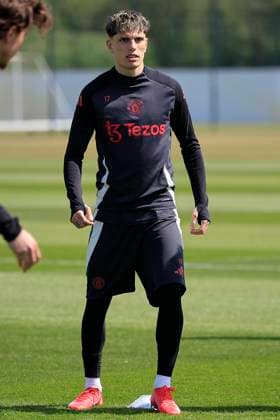 Manchester United, ManU 07 05 2025. Training Alejandro Garnacho (17) of Manchester United during the Europa League training session for Manchester United at Carrington, Manchester, United Kingdom on 7 May 2025. Manchester Carrington United Kingdom Editorial use only , Copyright: xConorxMolloyx PSI-22029-0047