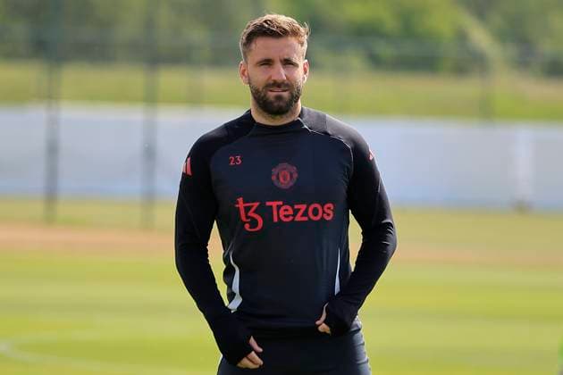Manchester United, ManU 07 05 2025. Training Luke Shaw (23) of Manchester United during the Europa League training session for Manchester United at Carrington, Manchester, United Kingdom on 7 May 2025. Manchester Carrington United Kingdom Editorial use only , Copyright: xConorxMolloyx PSI-22029-0048