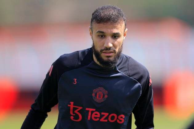 Manchester United, ManU 07 05 2025. Training Noussair Mazraoui (3) of Manchester United during the Europa League training session for Manchester United at Carrington, Manchester, United Kingdom on 7 May 2025. Manchester Carrington United Kingdom Editorial use only , Copyright: xConorxMolloyx PSI-22029-0051