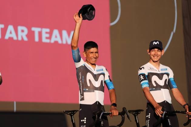 Movistar Team during the teams presentation ahead of the Giro d™Italia cycling race in Tirana. The race starts on Friday, May 9, with the first stage over 160 km, from Durazzo (Durres) to Tirana (Tirane), Albania- Wednesday, May 7, 2025. - cycling.  Copyright: xMassimoxPaolone LaPressex