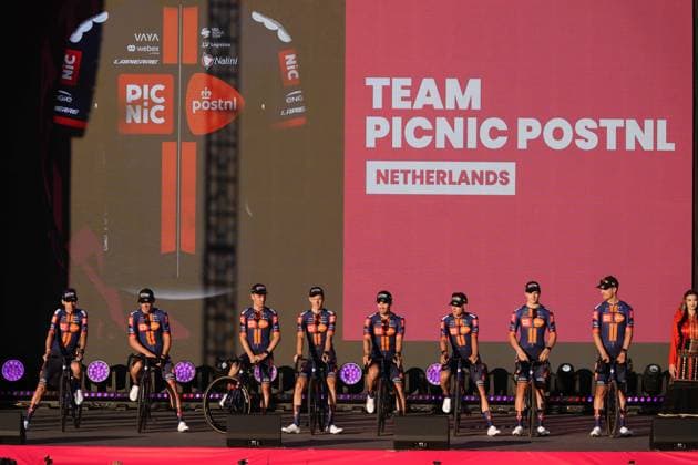 TEAM PICNIC POSTNL during the teams presentation ahead of the Giro d™Italia cycling race in Tirana. The race starts on Friday, May 9, with the first stage over 160 km, from Durazzo (Durres) to Tirana (Tirane), Albania- Wednesday, May 7, 2025. - cycling.  Copyright: xFabioxFerrari LaPressex