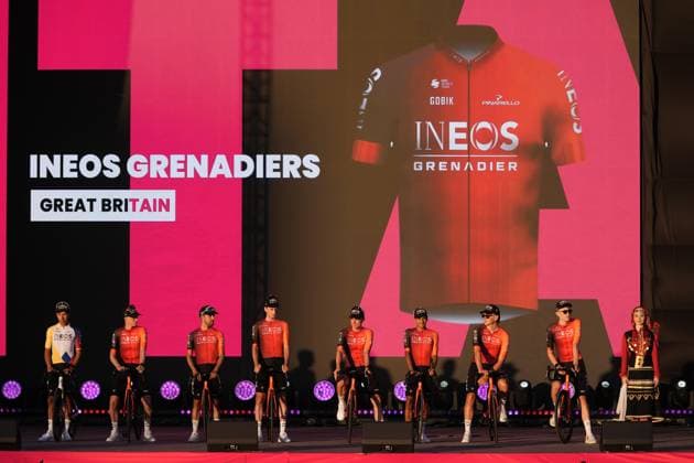 Ineos Grenadiers during the teams presentation ahead of the Giro d™Italia cycling race in Tirana. The race starts on Friday, May 9, with the first stage over 160 km, from Durazzo (Durres) to Tirana (Tirane), Albania- Wednesday, May 7, 2025. - cycling.  Copyright: xFabioxFerrari LaPressex