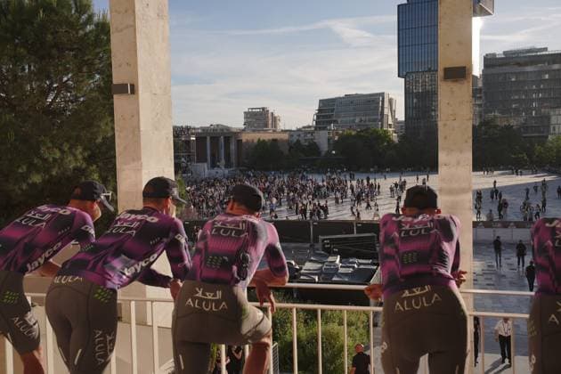 Riders during the teams presentation ahead of the Giro d™Italia cycling race in Tirana. The race starts on Friday, May 9, with the first stage over 160 km, from Durazzo (Durres) to Tirana (Tirane), Albania- Wednesday, May 7, 2025. - cycling.  Copyright: xMarcoxAlpozzi LaPressex
