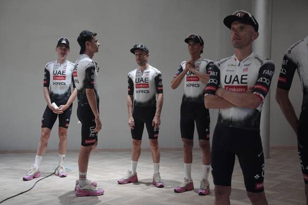 UAE TEAM EMIRATES XRG during the teams presentation ahead of the Giro d™Italia cycling race in Tirana. The race starts on Friday, May 9, with the first stage over 160 km, from Durazzo (Durres) to Tirana (Tirane), Albania- Wednesday, May 7, 2025. - cycling.  Copyright: xMarcoxAlpozzi LaPressex