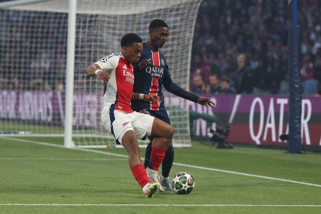 Paris, Parc des Princes 7 05 2025 xJFx UEFA Champions League 2024 25 semi-final second leg Paris Saint Germain Arsenal FC v l , Jurrien Timber Arsenal FC , Nuno Mendes Paris Saint Germain , duel, action, action, Battles for the Ball Copyright: JoaquimxFerreira