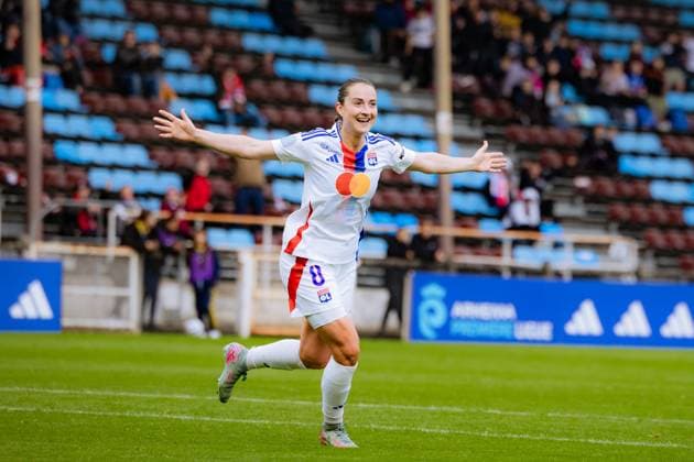 Sara Dabritz (8 Olympique Lyonnais) celebrates the goal during the D1 Arkema game between Olympique Lyonnais and Le Havre Athletic Club at Stade Pierre Rajon in Bourgoin-Jallieu, France. (Pauline FIGUET SPP) Copyright: xPaulinexFIGUETx xSPPx spp-en-PaFiSp-PF_OLHAC3160