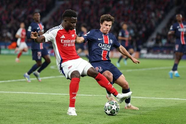 Paris, Parc des Princes 7 05 2025 xJFx UEFA Champions League 2024 25 semi-final second leg Paris Saint Germain Arsenal FC v l , Bukayo Saka Arsenal FC , Joao Neves Paris Saint Germain duel, action, action, battles for the ball Copyright: JoaquimxFerreira