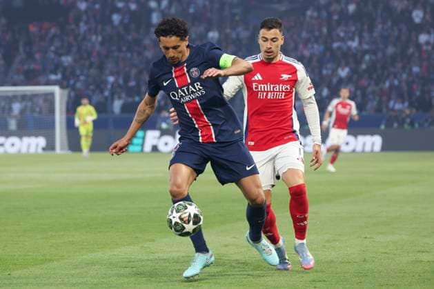 FOOTBALL : Paris Saint Germain Vs Arsenal - Ligue des Champions - 07 05 2025 Marquinhos (PSG) Vs Gabriel Martinelli (Arsenal) ParisFrance  Copyright: xMichtofx