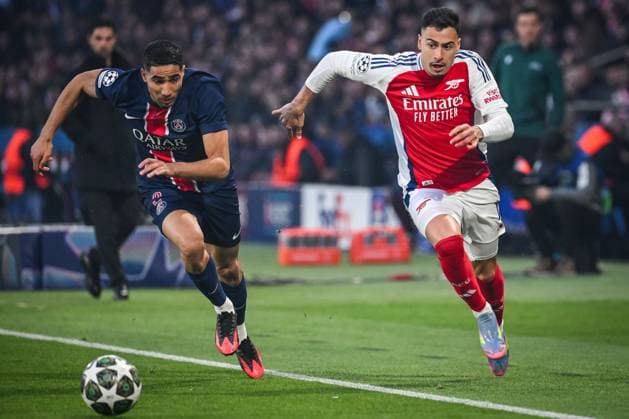 May 7, 2025, Paris, France, France: Achraf HAKIMI of PSG and Gabriel MARTINELLI of Arsenal during the UEFA Champions League match between Paris Saint-Germain and Arsenal FC at Parc des Princes Stadium on May 07, 2025 in Paris, France. Paris France - ZUMAm308 20250507_zsp_m308_005 Copyright: xMatthieuxMirvillex