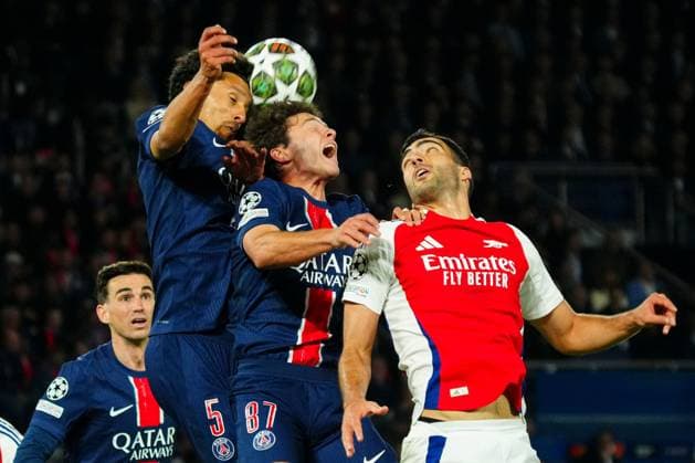 Marquinhos of PSG (L), Joao Neves of PSG (centre) and Mikel Merino of Arsenal (R) challenge for the same ball Paris Saint-Germain v Arsenal, UEFA Champions League, Semi Final, Second Leg, Football, Parc des Princes, Paris, France - 07 May 2025 EDITORIAL USE ONLY No use with unauthorised audio, video, data, fixture lists, club league logos or live services. Online in-match use limited to 120 images, no video emulation. No use in betting, games or single club league player publications. Copyright: xJavierxGarcia Shutterstockx 15288068dd