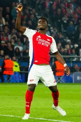 Bukayo Saka of Arsenal celebrates scoring a goal for their side to make it 2-1 Paris Saint-Germain v Arsenal, UEFA Champions League, Semi Final, Second Leg, Football, Parc des Princes, Paris, France - 07 May 2025 EDITORIAL USE ONLY No use with unauthorised audio, video, data, fixture lists, club league logos or live services. Online in-match use limited to 120 images, no video emulation. No use in betting, games or single club league player publications. Copyright: xJavierxGarcia Shutterstockx 15288068dj
