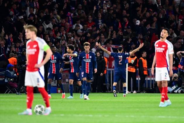 FOOTBALL : PSG vs Arsenal - Ligue des Champions - 07 05 2025 Achraf Hakimi ( 2 - PSG ) celebrates after scoring during the UEFA Champions League match between Paris Saint Germain and Arsenal FC at Parc Des Princes on May 07 , 2025 in Paris, France. ( Photo by Dante Badano PsnewZ ) - ParisFrance  Copyright: xx