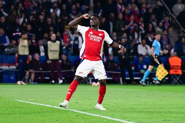 FOOTBALL : PSG vs Arsenal - Ligue des Champions - 07 05 2025 Bukayo Saka ( 7 - Arsenal FC ) celebrates after scoring during the UEFA Champions League match between Paris Saint Germain and Arsenal FC at Parc Des Princes on May 07 , 2025 in Paris, France. ( Photo by Dante Badano PsnewZ ) - ParisFrance  Copyright: xx