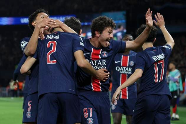 FOOTBALL : Paris Saint Germain Vs Arsenal - Ligue des Champions - 07 05 2025 Joie - But de Achraf Hakimi (PSG) - Marquinhos (PSG) - Joao Neves (PSG) - Vitinha (PSG) ParisFrance  Copyright: xMichtofx